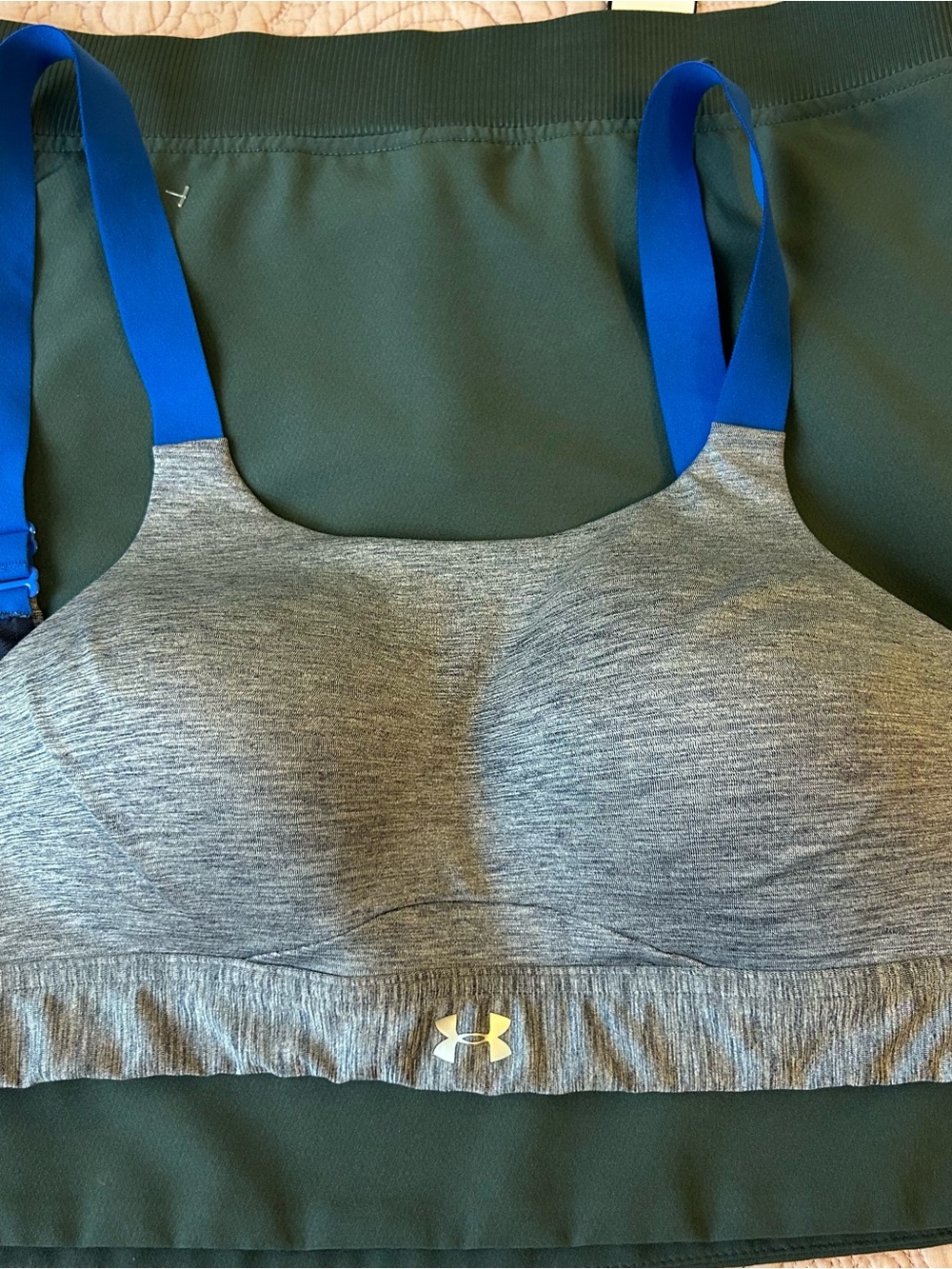 Under Armour Gray Heather Sports Bra with Blue Straps. Size 32DD